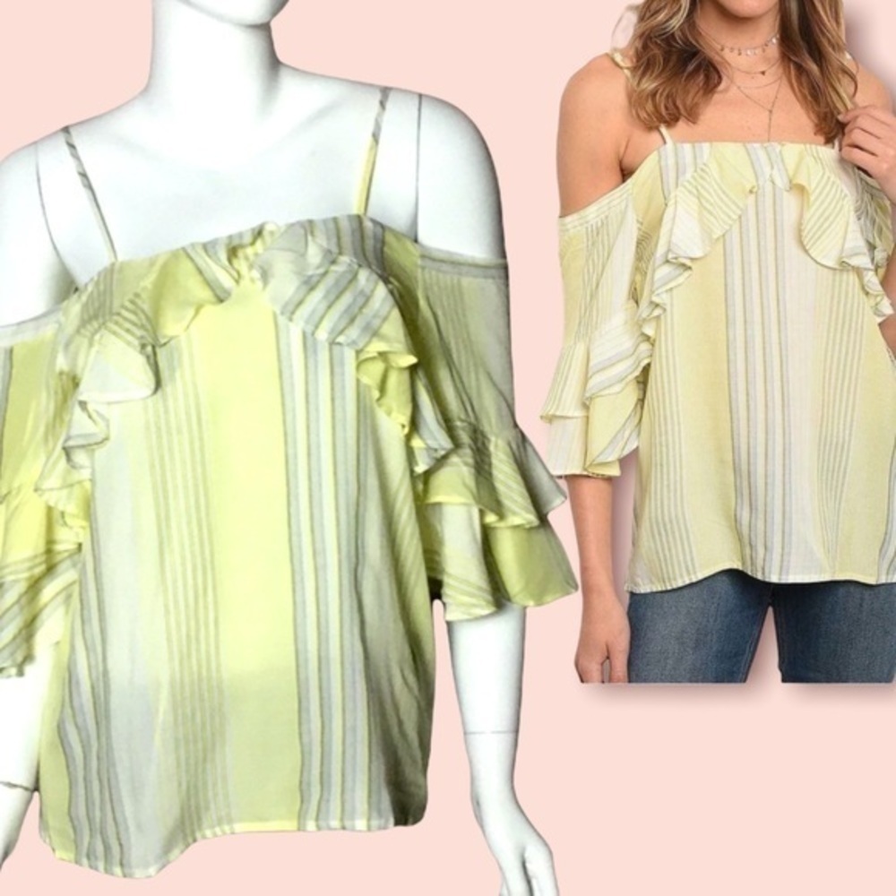 Off shoulder striped ruffle sleeve top Petite Small butter yellow‎ white boho